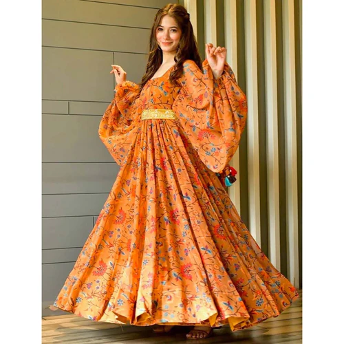 OrangeColorTrendyGeorgetteFloralPrint